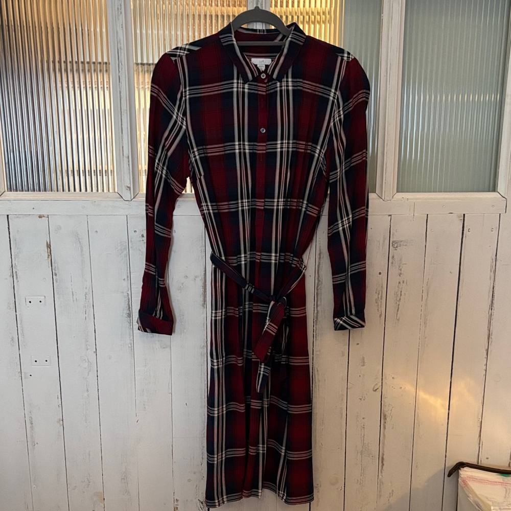 J. Jill Burgundy and Black Checkered Long Sleeve Dress